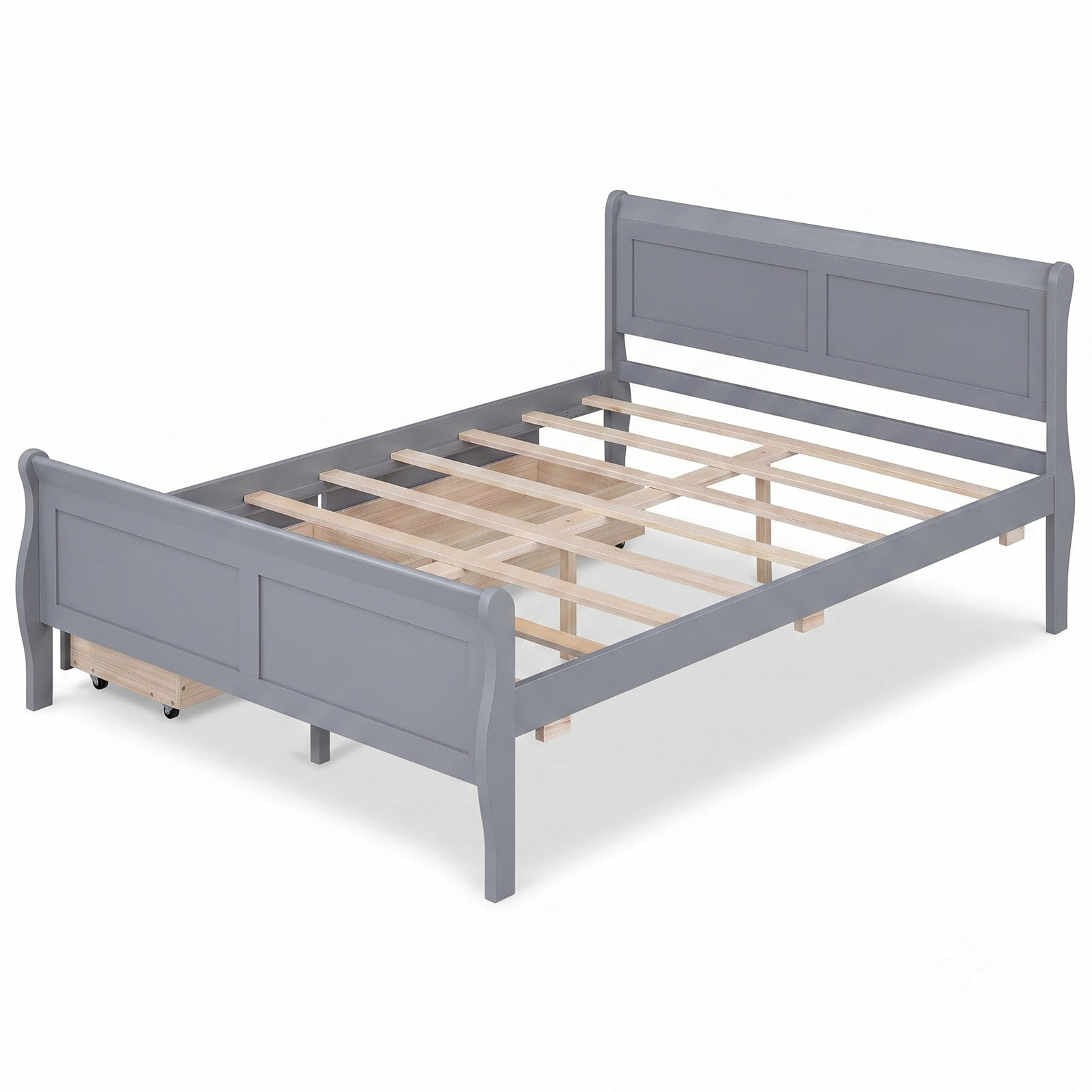 Furnibear Full Size Bed Frame with Storage, Wood Platform Bed with 2 Storage Drawers, Panel Headboard and Footboard, Gray