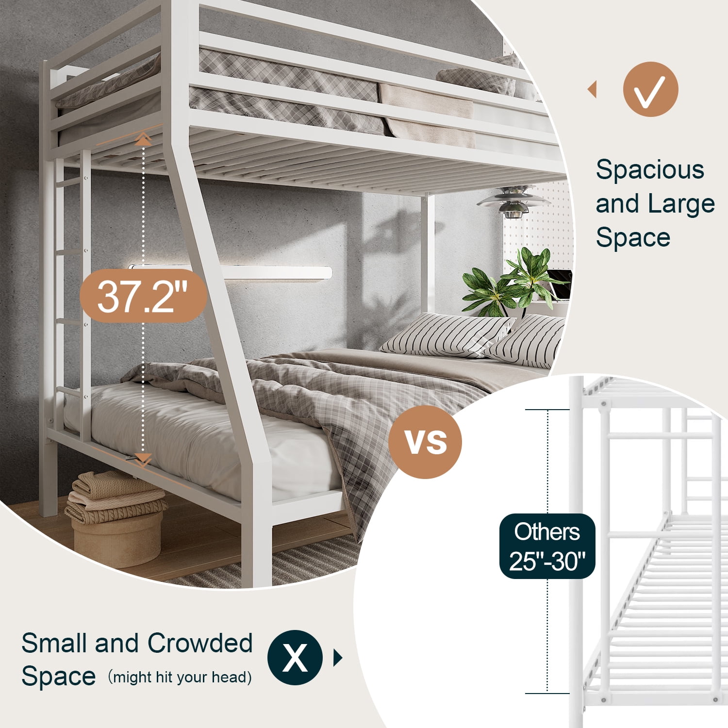 Amolife Twin over Full Size Metal Bunk Bed with Removable Ladder, Full-Length Guardrail, White
