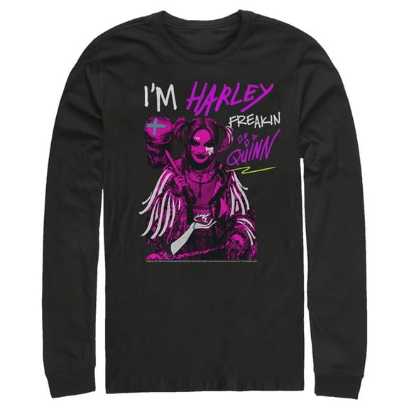 Men's Birds of Prey Harley Freakin' Quinn Cartoon Long Sleeve Shirt Black Large