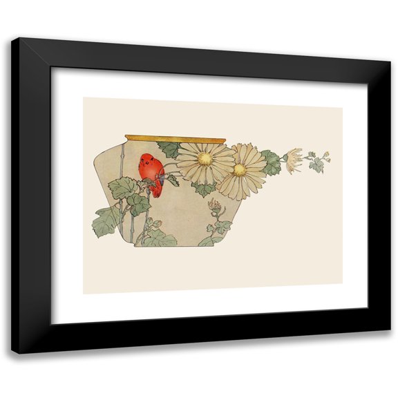 Henrietta Barclay Paist 14x12 Black Modern Framed Museum Art Print Titled - Red Bird and Flowers (1914)