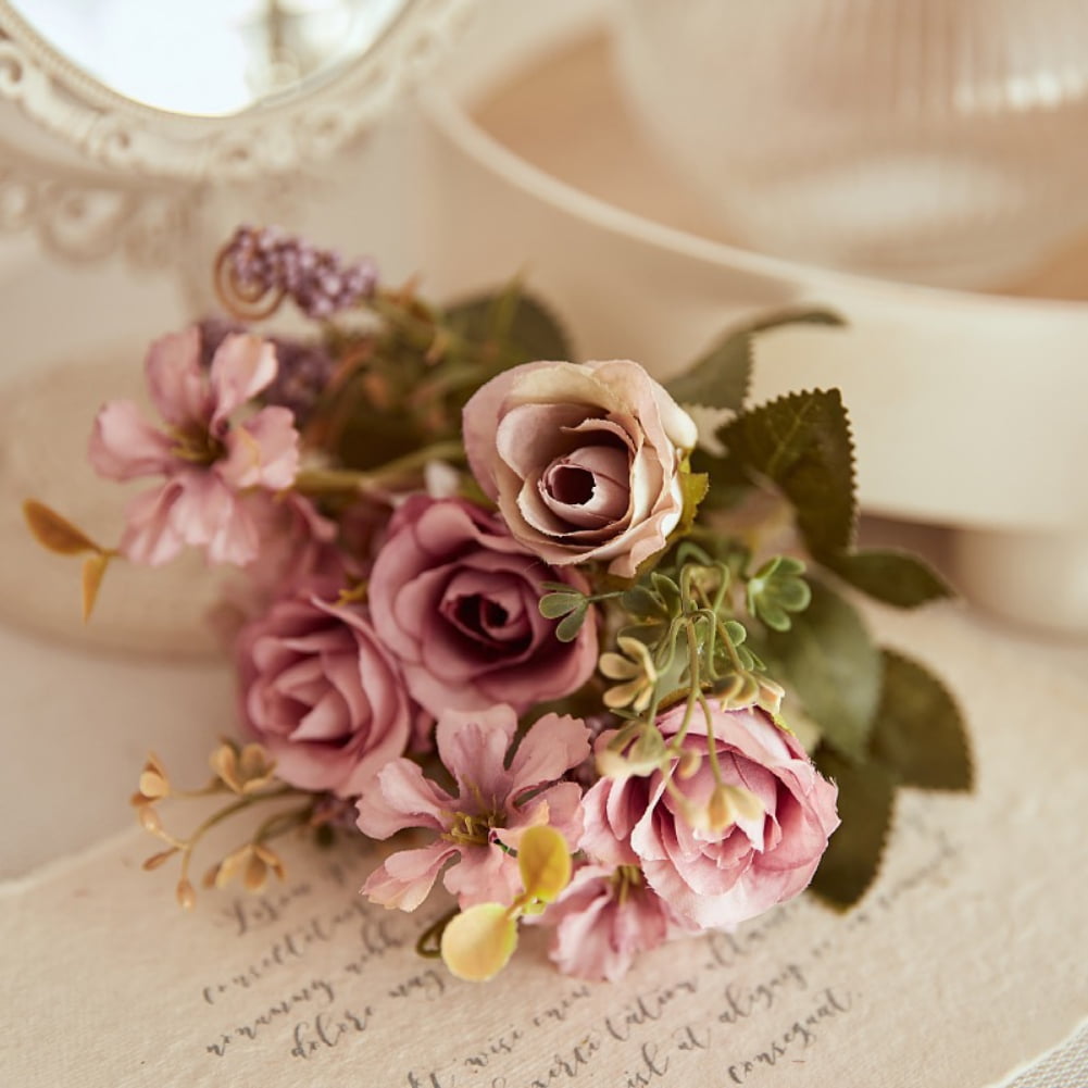 1 Bouquet Silk Tea Roses Bride Bouquet European Vintage Artificial