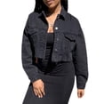 thumbnail image 3 of Gureui Women's Denim Short Coat, Casual Solid Color Long Sleeve Lapel Jacket Button Down 2 Pockets Distressed Hem Crop Jeans Coat, 3 of 7
