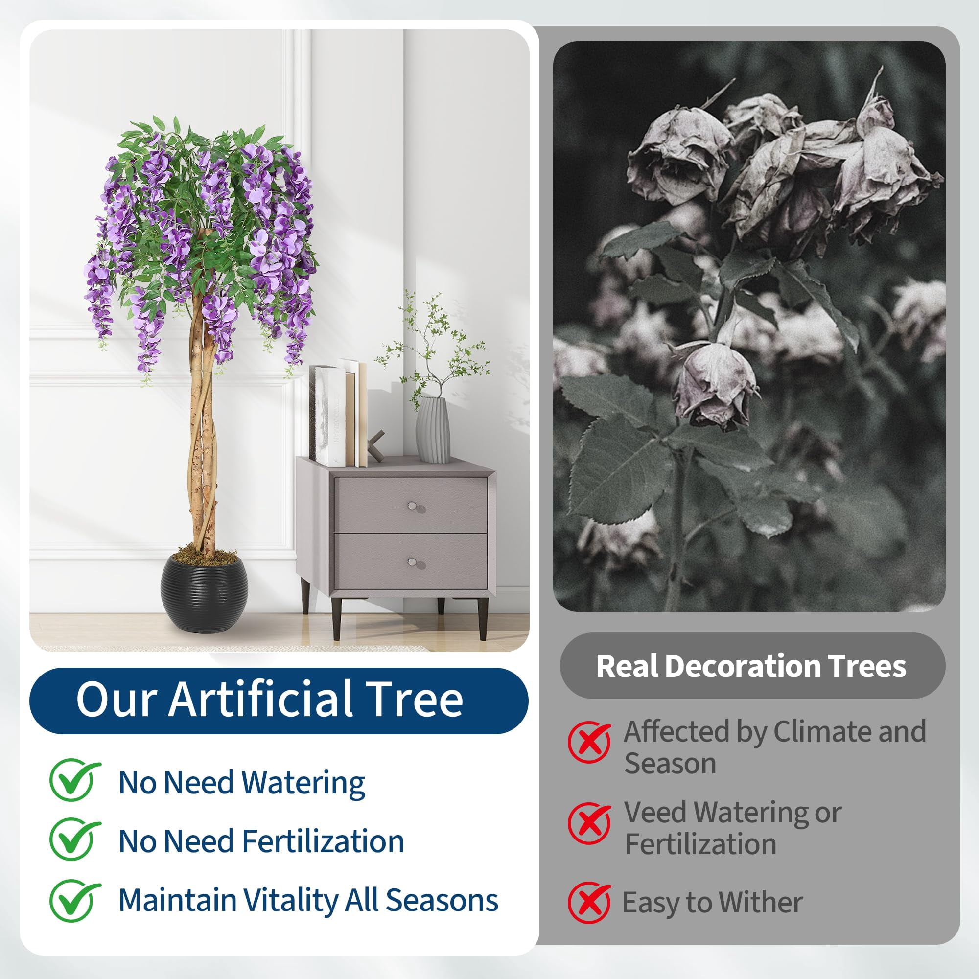 Huisuilinss Artificial Purple Blossom Tree,Artificial Purple Bean Flower Tree,Potted Faux Flower Tree,Silk Faux Plant Fake Tree With Double Trunk,Hanging Vine,Moss For Office Wedding Photo Backdrop