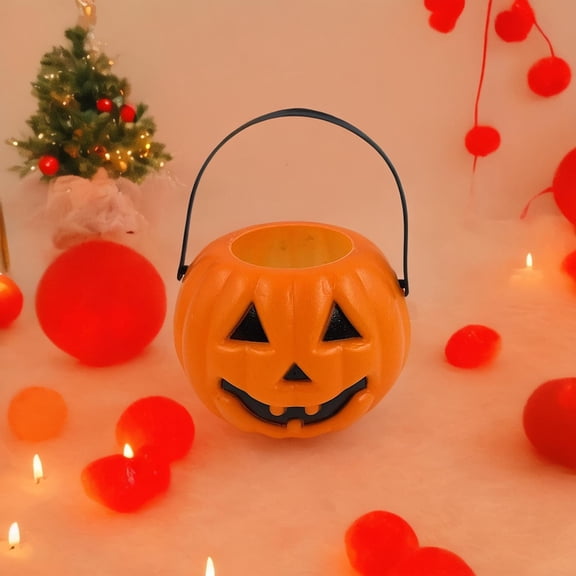 Halloween Pumpkin Candy Bucket, Portable Plastic Jack-O-Lantern Pail with Handle, Reusable Treat Container for Costume Parties, Trick-or-Treat Events, Tabletop & Porch Decor, Display
