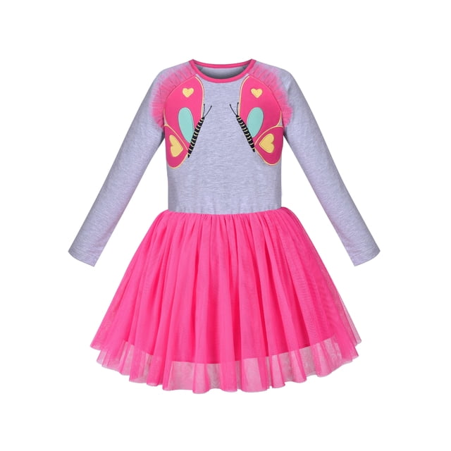 Robe Fille Papillon Manches Longues Jupe en Tulle Rose 4 Ans