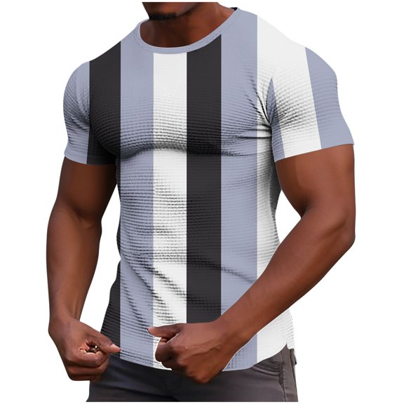Men's Color Block Waffle Short Sleeve T-Shirts Slim Elastic Stripes Print Pullover Gym Athletic Workout Tees