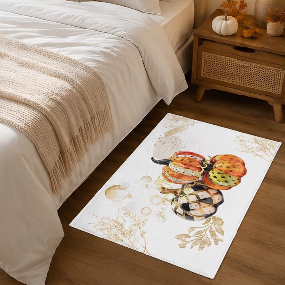 2x3ft Rectangle Rug,Thanksgiving Orange Pumpkin Black Checker Washable Area Rugs Non-Slip Accent Rug Gold Abstract Plant on White Soft Circle Carpet for Living Room Bedroom Home Office Decor