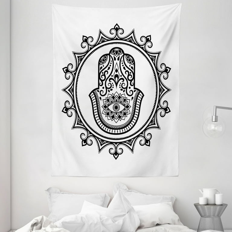 Evil Eye Tapestry, Hamsa Hand Drawn Symbol with Evil Eye in