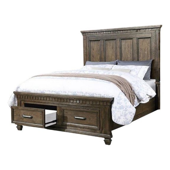 Benjara Ziv Classic California King Bed with Storage Drawers-Metal Handles-Brown