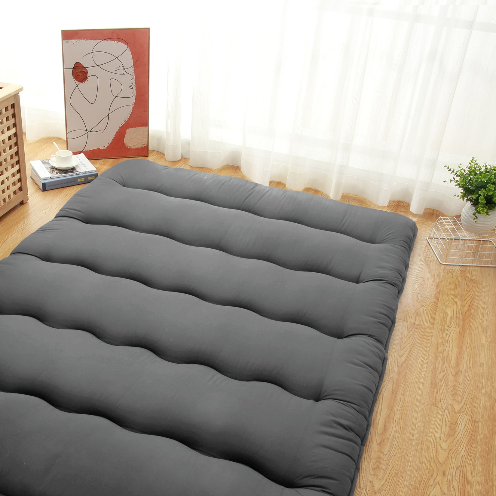 Japanese Futon Floor Mattress Twin/Full Size Sleeping Mat, Tatami Mat, Portable & Foldable Roll Up Camping Mattress Pad for Sofa Lounger, Dark Gray, Full (137*203cm)