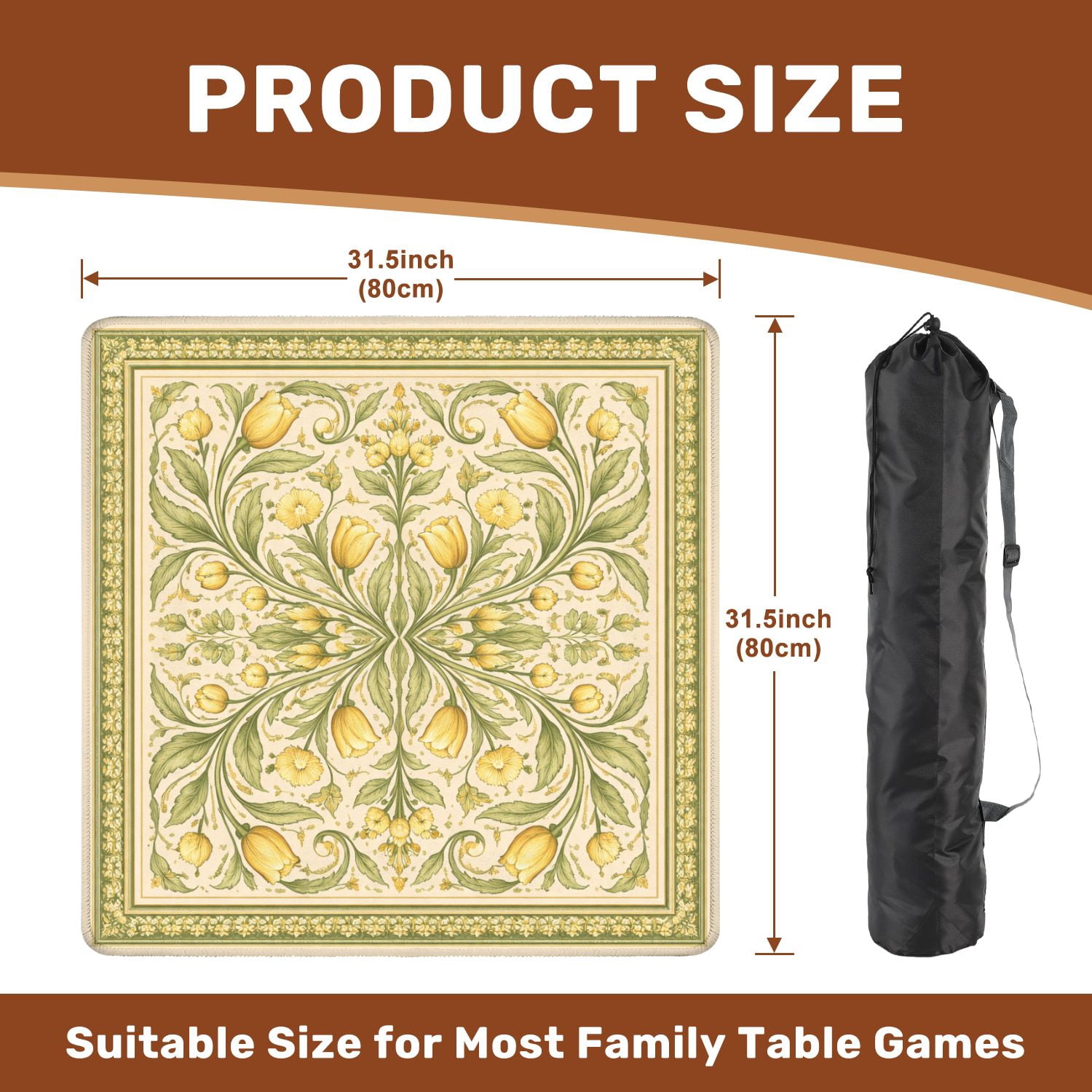 Mahjong Mat 31.5" x 31.5" Floral Mandala Yellow Tulips White Daisies Green Non-Slip Noise Reduction Mahjong Tiles Table Cover for Dominoes Poker Card Board and Tile Games