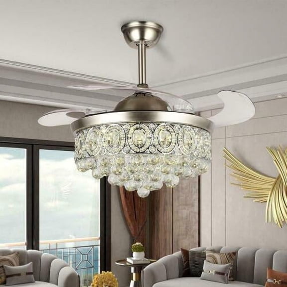 KPIBEST 42" Dimmable Chandelier Ceiling Fan, Fandelier, Invisible Retractable Chandelier Fan Silent Motor Ceiling Fans for Bedroom Living Dining