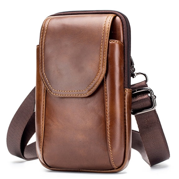 Men's Leather Phone Holster, Cellphone Pouches Purse Belt Clip Holder Small Shoulder Phone Pouch with Belt Loop Compatible for iPhone 14 Pro Max 13 Pro Max Samsung Galaxy - Brown