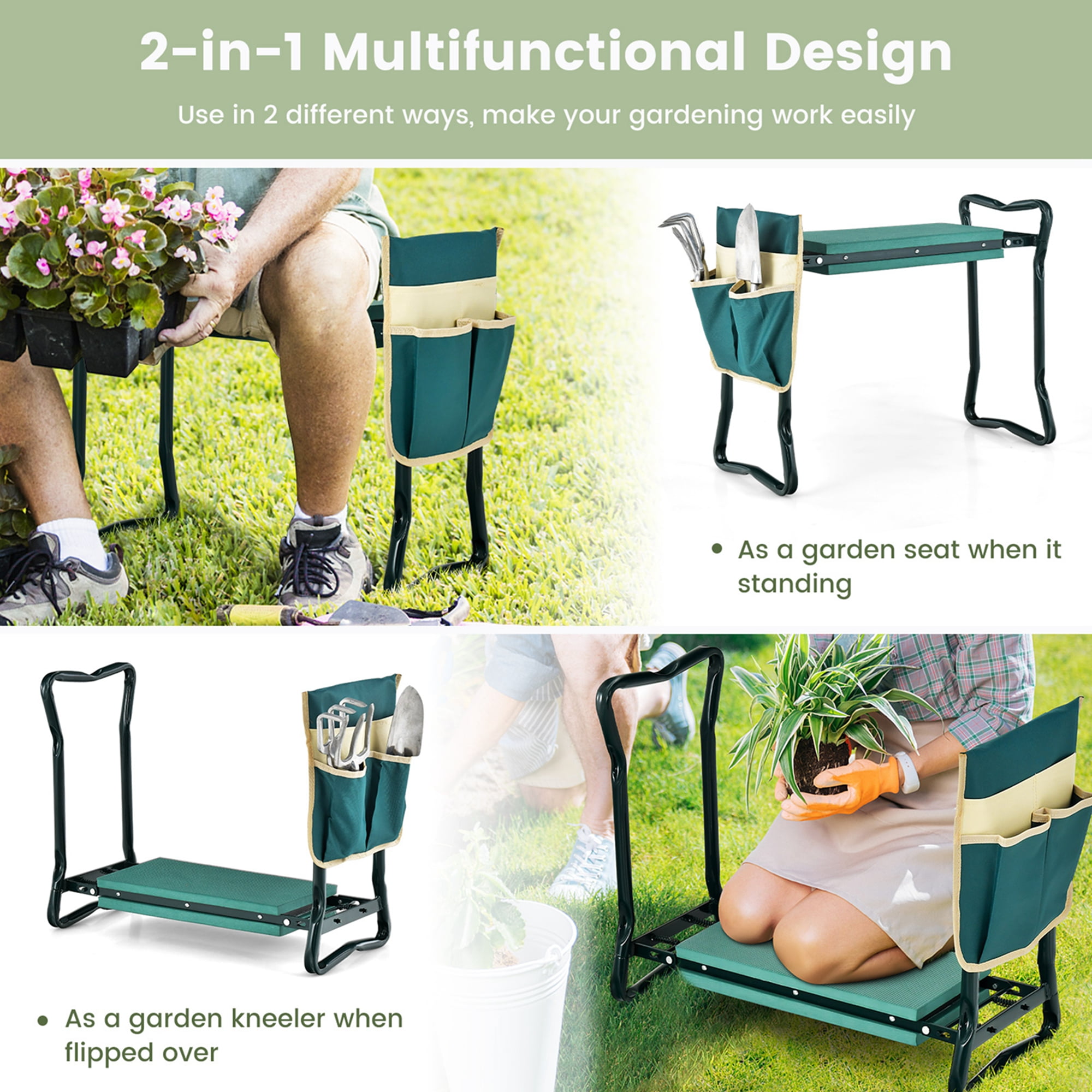 Costway Folding Sturdy Garden Kneeler Gardener Kneeling Pad & Cushion Seat Knee Pad Seat Green