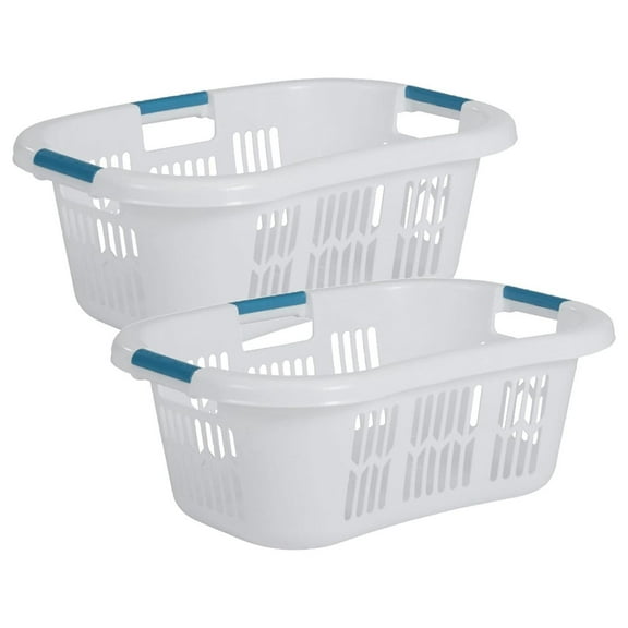2.1 Bushel Small Hip Hugger Portable Plastic Home Laundry Basket with Grab Through Handles, White (2-Pack)