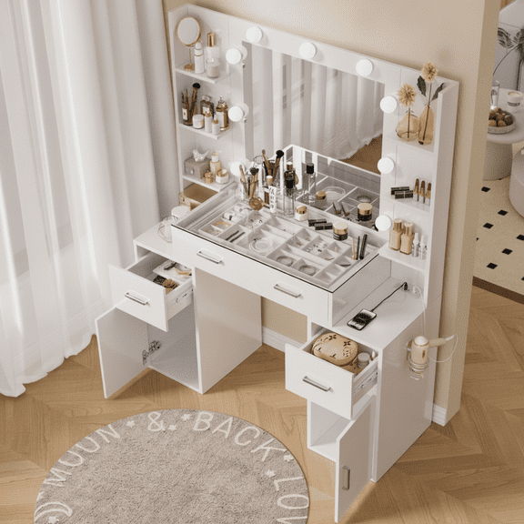 SHEETCUBE Makeup Vanity Table with Lighted Mirror, Glass Top, Charging Station and Nightstand, White