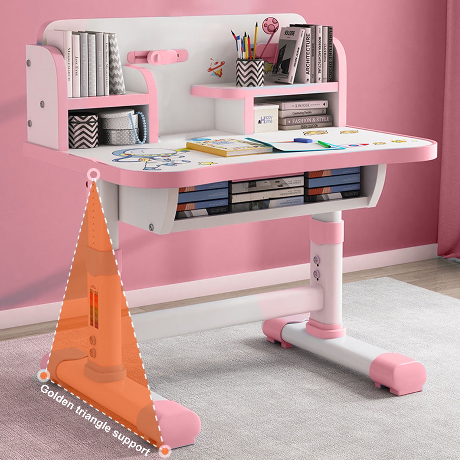 Fompes Kids Study Desk and Chair Set Children School Study Drawing Desk Chair Height Adjustable Kids Table Desk and Chair Set with with Large Writing Board Bookshelf and Book Bucket - Pink