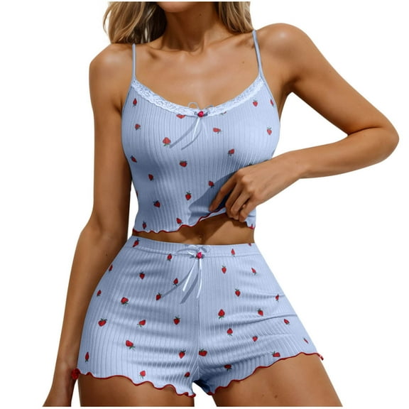 WRKEKC Ribbed Strawberry Print Pajama Set for Women Tie Accent Cami Top and Shorts Sleepwear Set for Casual Home Relaxation