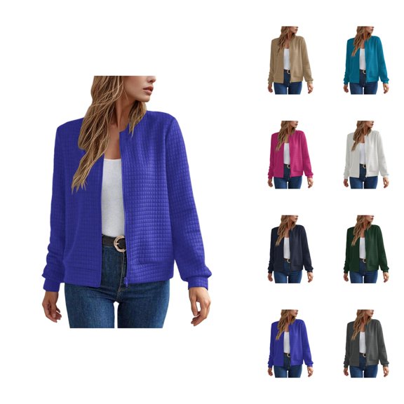Lightweight Zip Up Jackets for Women Long Sleeve Casual Plain Waffle Jacket Fall Coat Outerwear