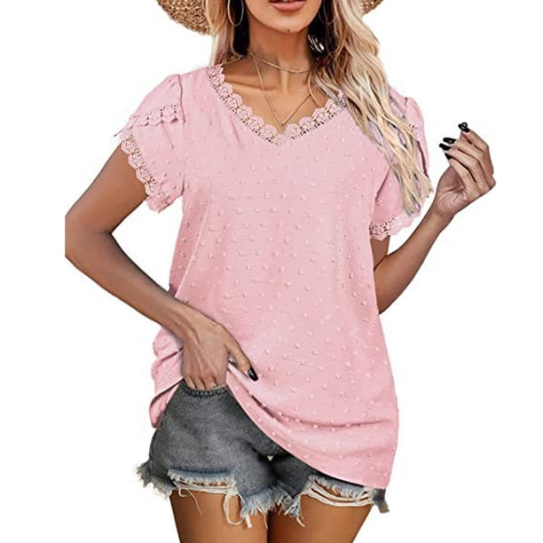 Sonducket Camiseta de algodón para mujer, camiseta informal de manga corta de verano, ropa escolar Prendas para la parte del cuerpo Rosa M Sonducket AP010362-02