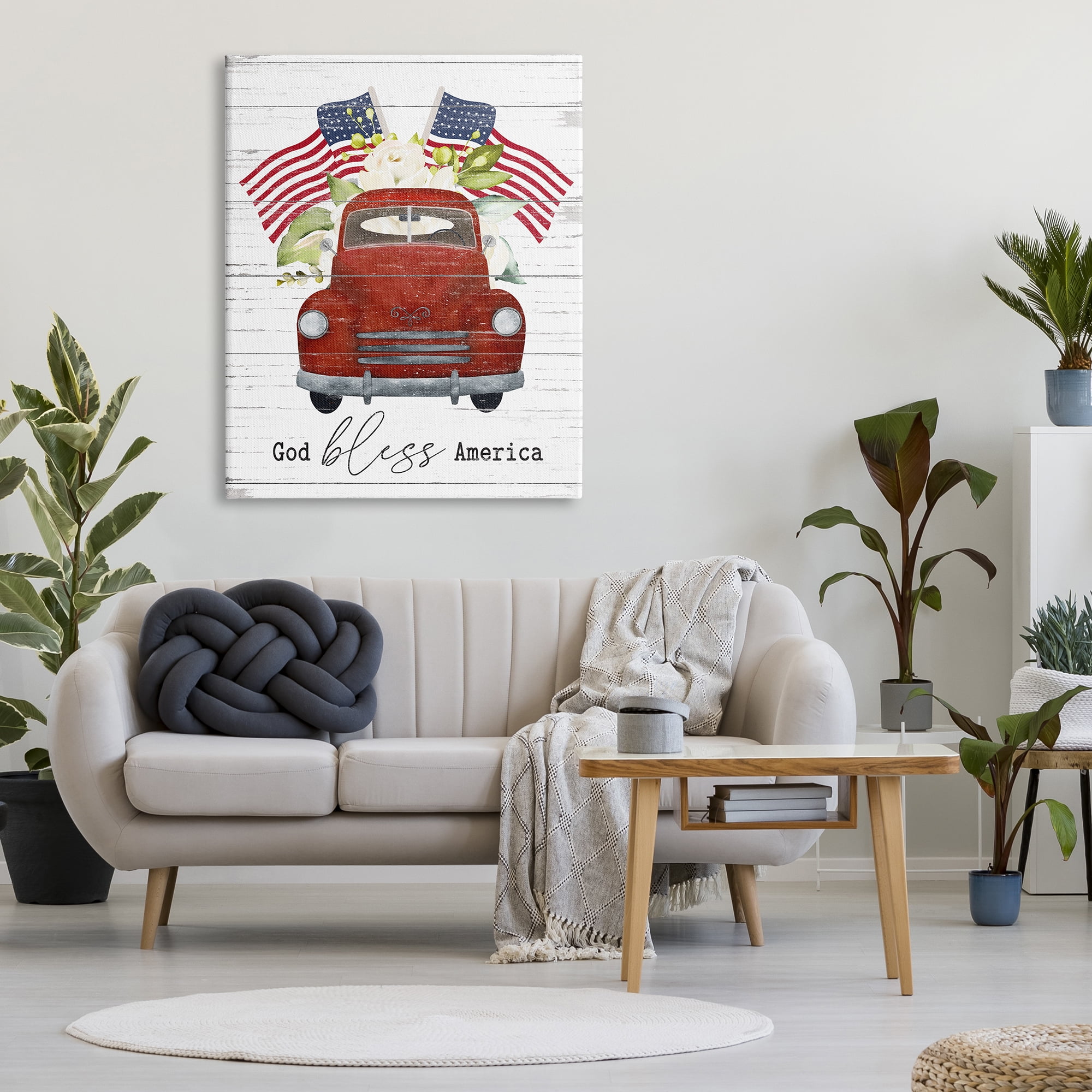Stupell Industries God Bless America Sentiment Americana Red Truck Flags, 36 x 48, Designed by Lettered and Lined
