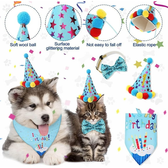 Dog Birthday Decorations, Puppy Birthday Party Outfits,Birthday Hat/Bow Tie/Bandana/Happy Birthday Banner,Pet Theme Suit Apparel & Accessories for Boy Golden Doodle Teddy Husky Labrador (4PCS Blue)