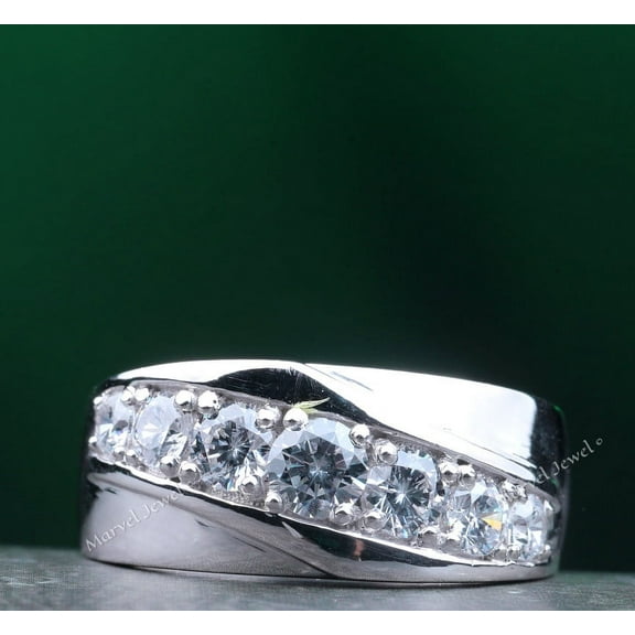 Men's Seven Stone Diamond Ring, Wavy Row Diamond Engagement Ring, Wide Shank Prong Set Diamond Ring For Men, 2.1 Ct Simulated Diamond, 925 Sterling Silver