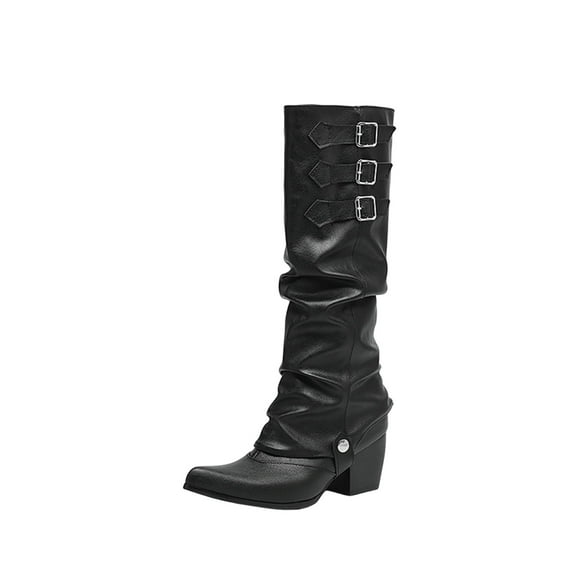 Black Women'S Western Style Boots With Belt Buckle Detail, Chunky Heel For Support, Perfect For Cool Weather And Casual Looks