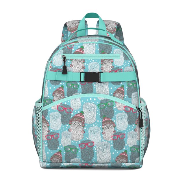 Night Owl Cartoon Backpack with Adorable Big Eyes Owl Pattern and Snowy Owl Print