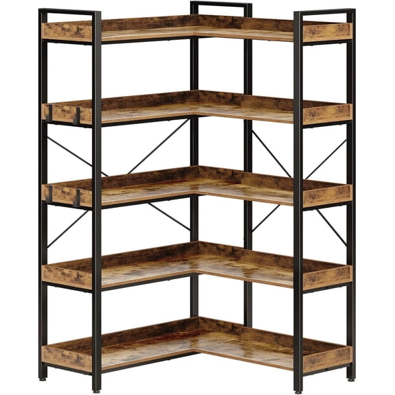 5-Tier L-Shaped Industrial Bookshelf – Open Corner Bookcase with 4 Hooks, Sturdy Metal & Carbon Steel Frame, Rustic Freestanding Display and Storage Shelves, Brown