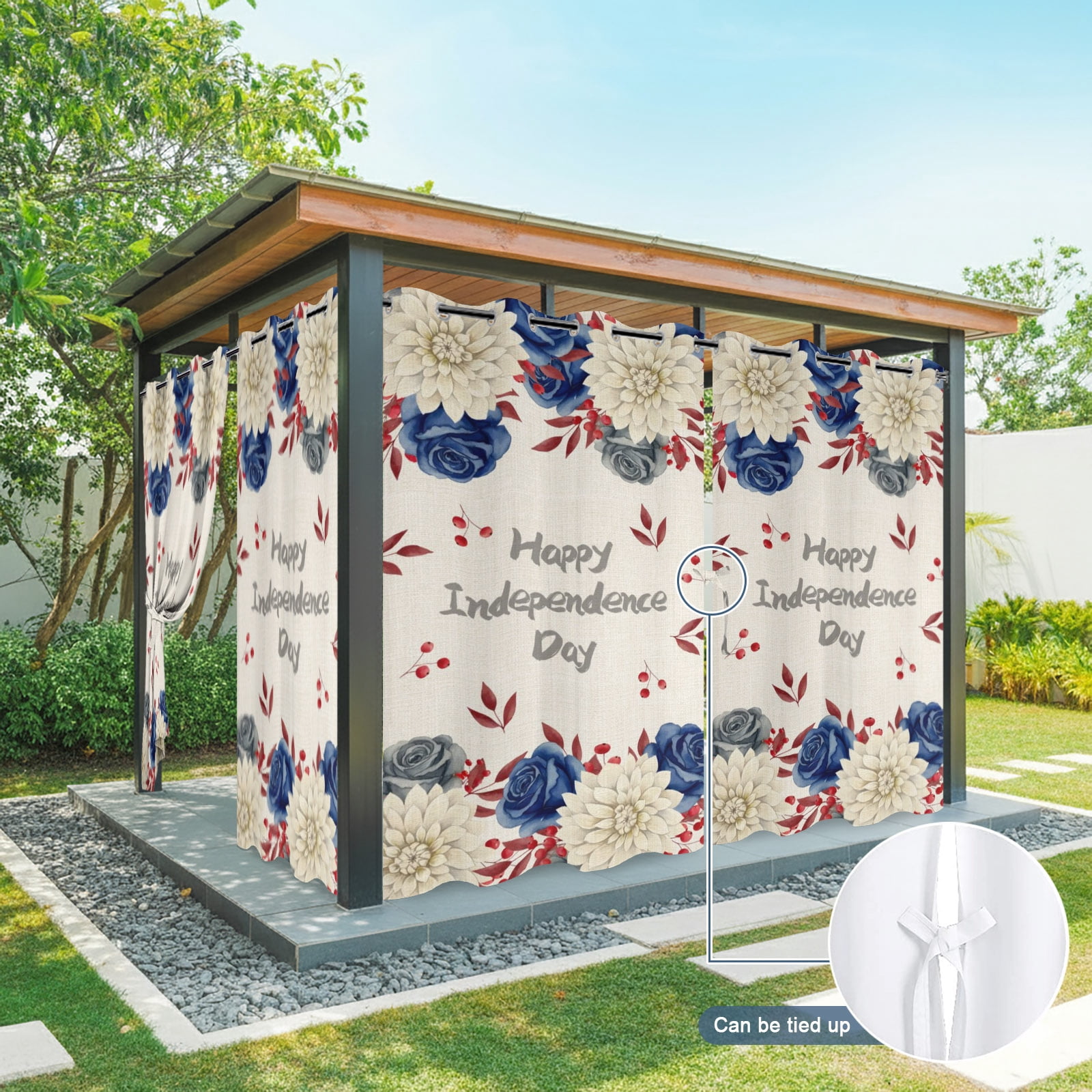 Happy Independence Day Outdoor Curtains for Patio, Red Blue Rose Dahlia Floral Rustic Sunshade Privacy Drapes Grommet Waterproof Outside Curtains for Porch/Cabana/Balcony 54"x 108", 1 Panel