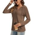thumbnail image 5 of Hoodies for Women Waffle Knit V Neck Oversized Sweatshirt Button Down Drawstring Hooded Pullover Tops for Fall 2025 Brown S, 5 of 6