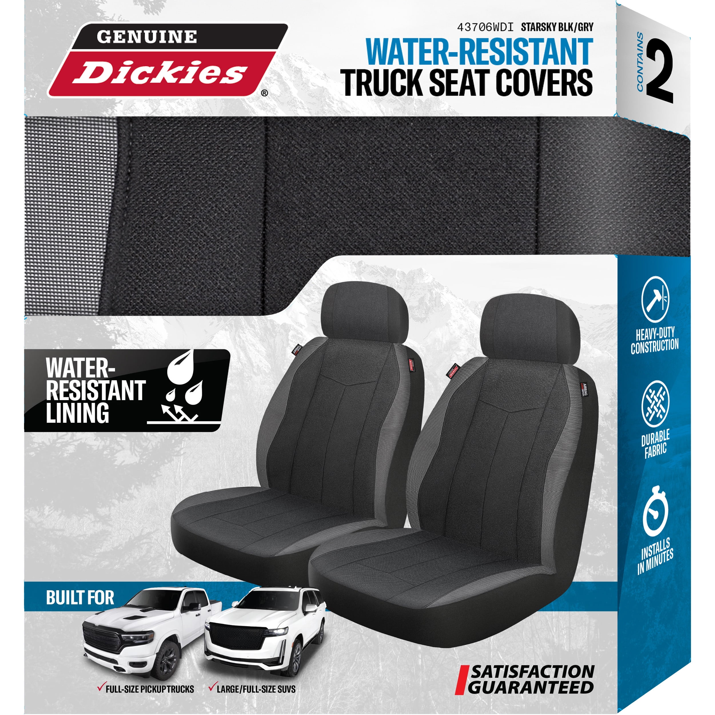 Genuine Dickies Black-Gray Vegan Leather Truck Seat Covers, 2-Piece Set