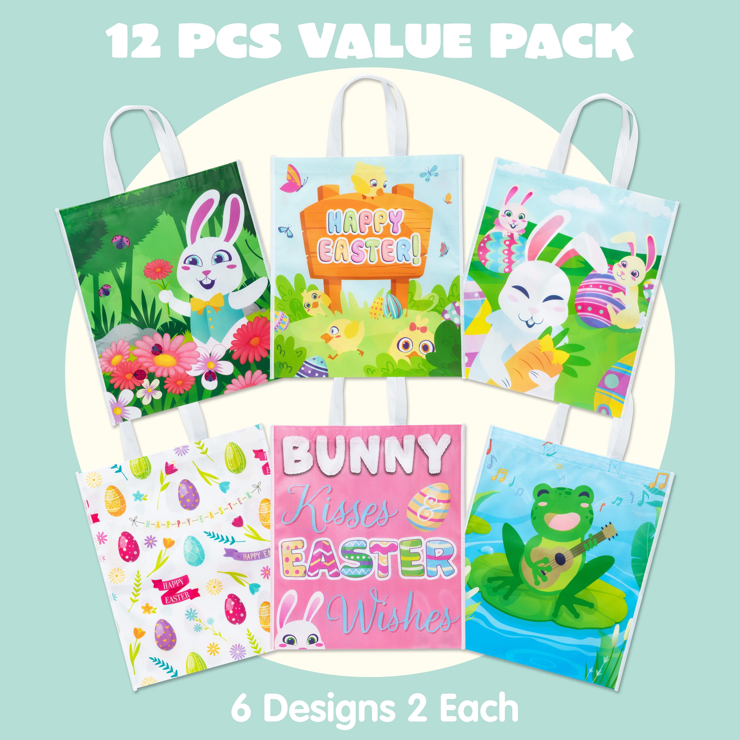 Easter Bunny Kraft Paper Tote Bags - 12 Pack Treat Bags With Handles For Egg Hunt Candy