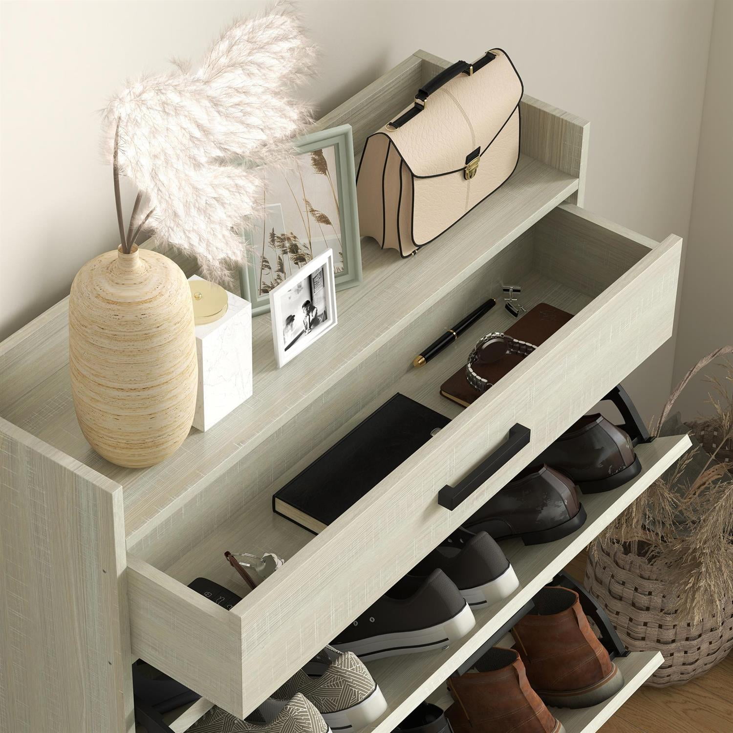Demi Bonn 45" Shoe Storage Cabinet with Flip Drawers and Adjustable Shelves for Entryways & Hallways, Beige