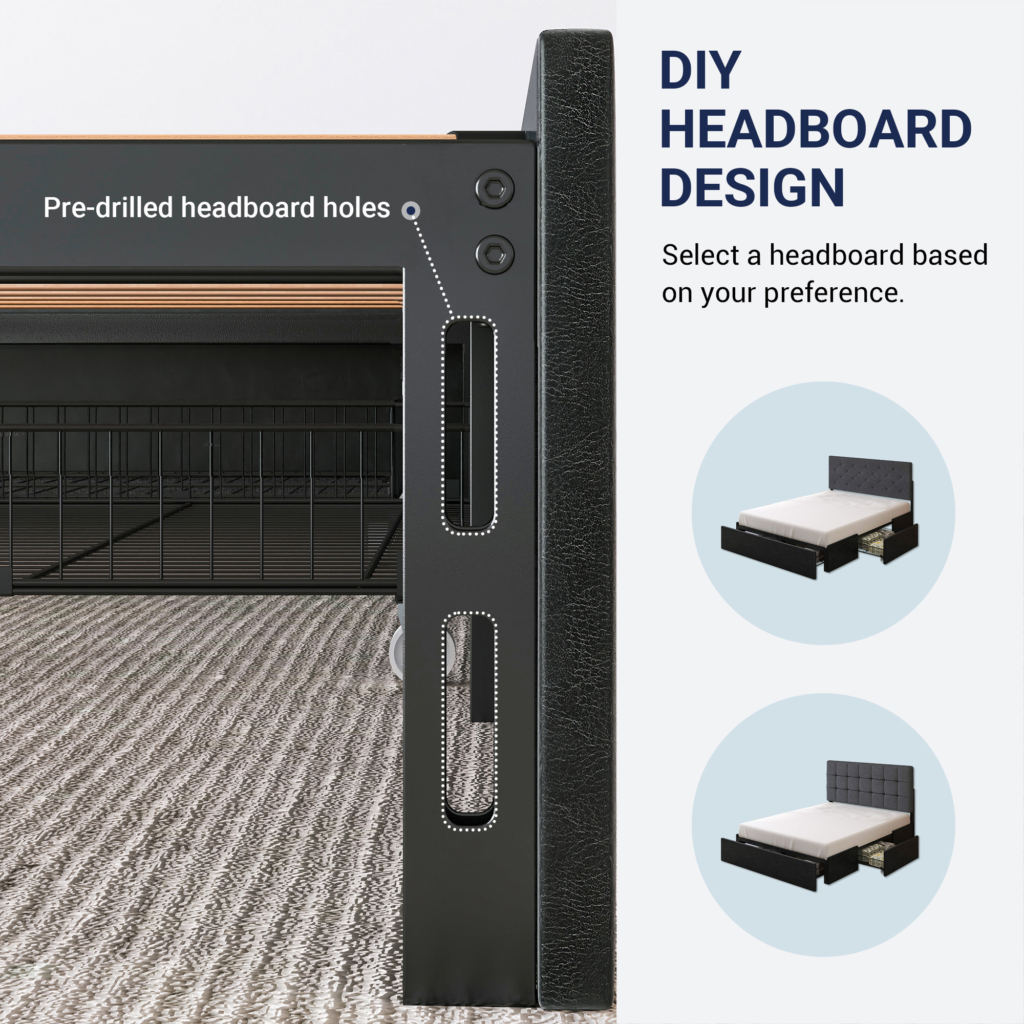Allewie Full Size Platform Bed Frame with 3 Storage Drawers, Faux Leather Upholstered, Black