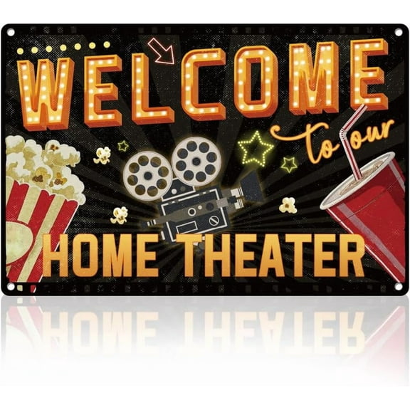 Movie Theater Retro Wall Decor Metal Tin Sign 8" x 12" Welcome to Our Home Theater Vintage Wall Art Poster for Home Coffee Room Clubs Movie Decor Gift