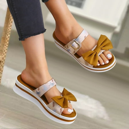 

sandals for Women Ladies Fashion Summer Print Cloth Bow Wedge Platform Sandals And Slippers cloth Khaki