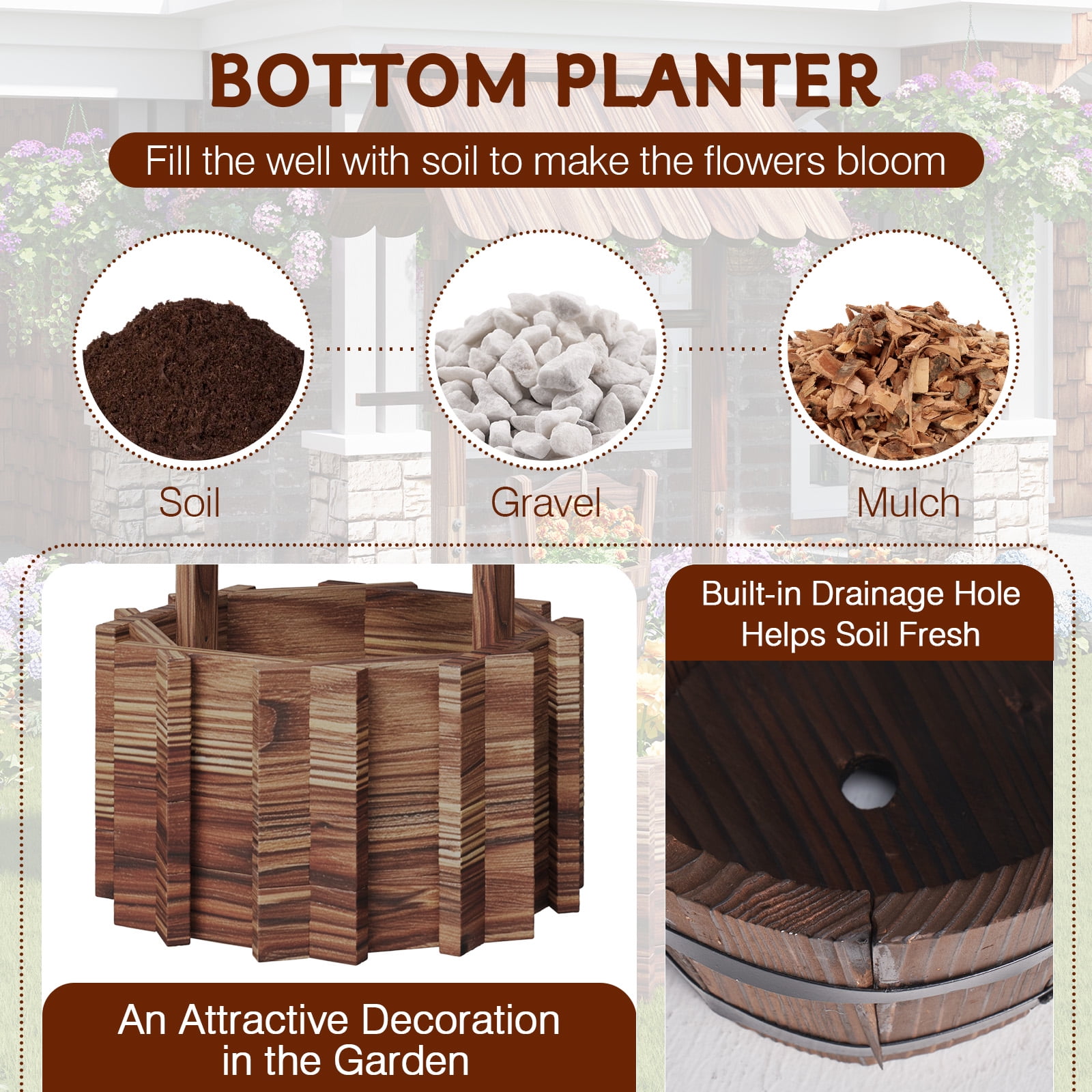 BaPiPro Wood Wishing Well Planter with Hanging Bucket for Flower and Plants, Brown, 22 In