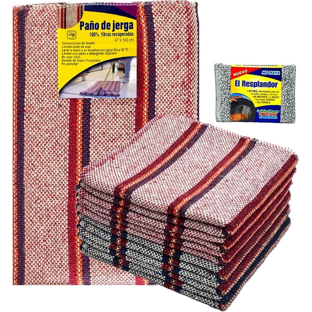 Jergas Multiusos 140 x 47 cm Extra Grande + Bono Fibra – Pack 6 Trapos de Cocina Reusables – Ideal para Trapear, Limpiar Piso, Baño y Cocina – Jerga Tradicional Mexicana