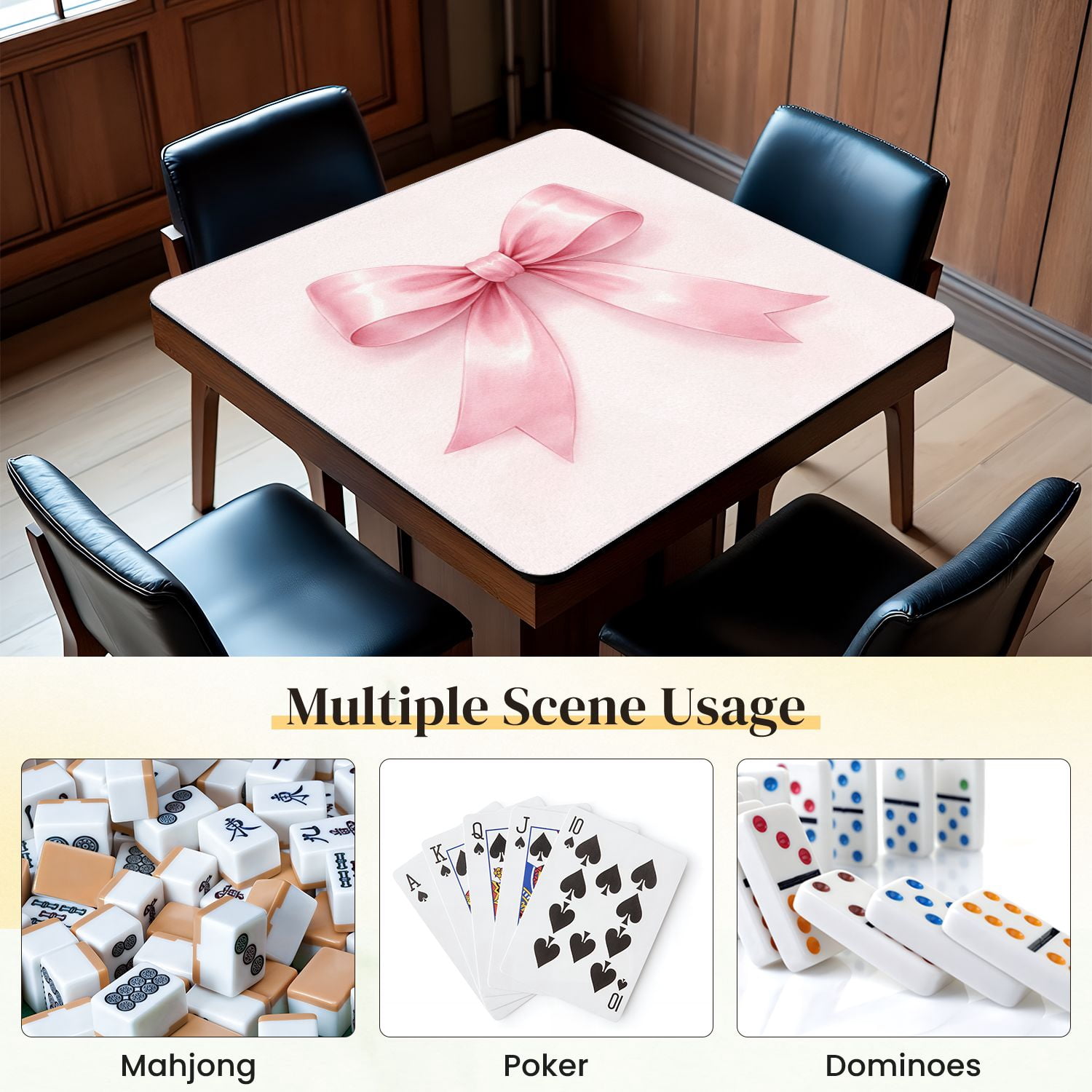Mahjong Mat 31.5" x 31.5" Pink Satin Bow Shiny Texture Elegant Ribbon Design Non-Slip Noise Reduction Mahjong Tiles Table Cover for Dominoes Poker Card Board and Tile Games