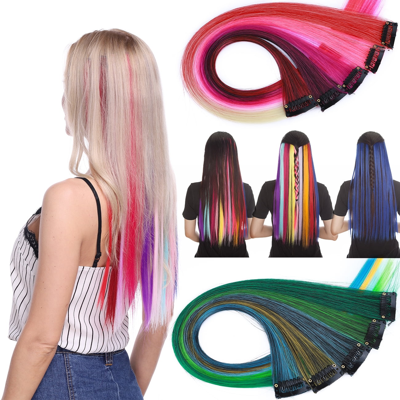 Benehair 10PCS Colorful Hair Extensions Clip in Rainbow Multi-color  Synthetic Long Hairpiece Party Highlights for women girls kids gift -  