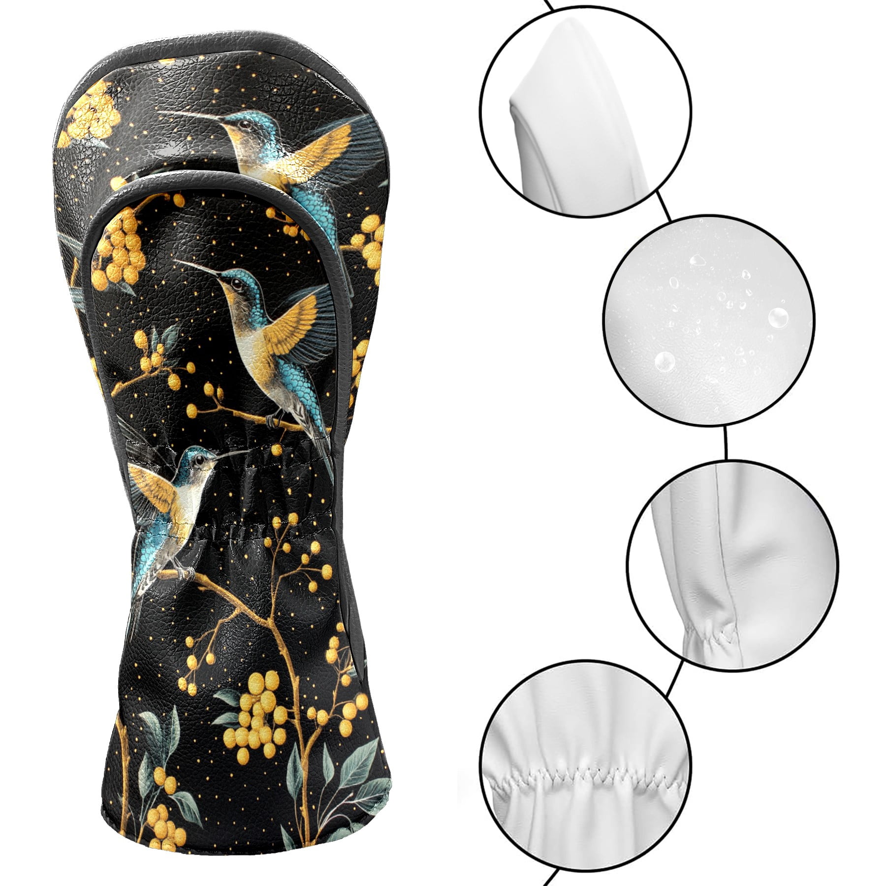 Golf Club Covers PU Leather Waterproof Head Covers for Fairway Woods Hybrids Golden Berry Hummingbird