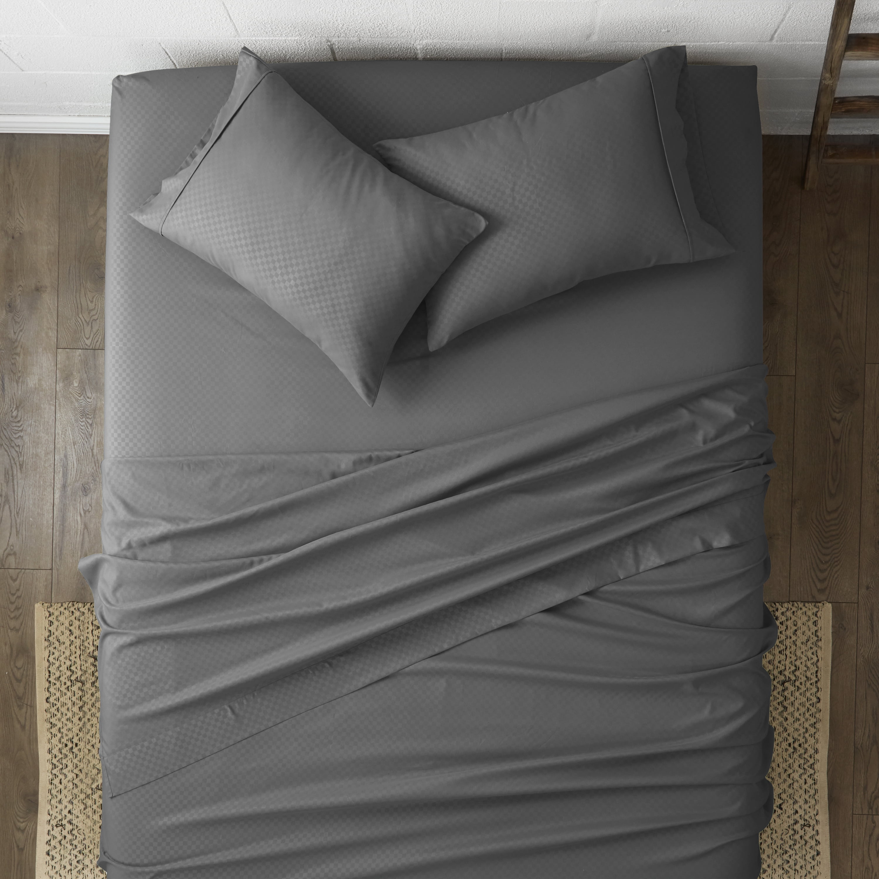 Noble Linens 4 Piece Gray Checkered Embossed Bed Sheet Set, Twin