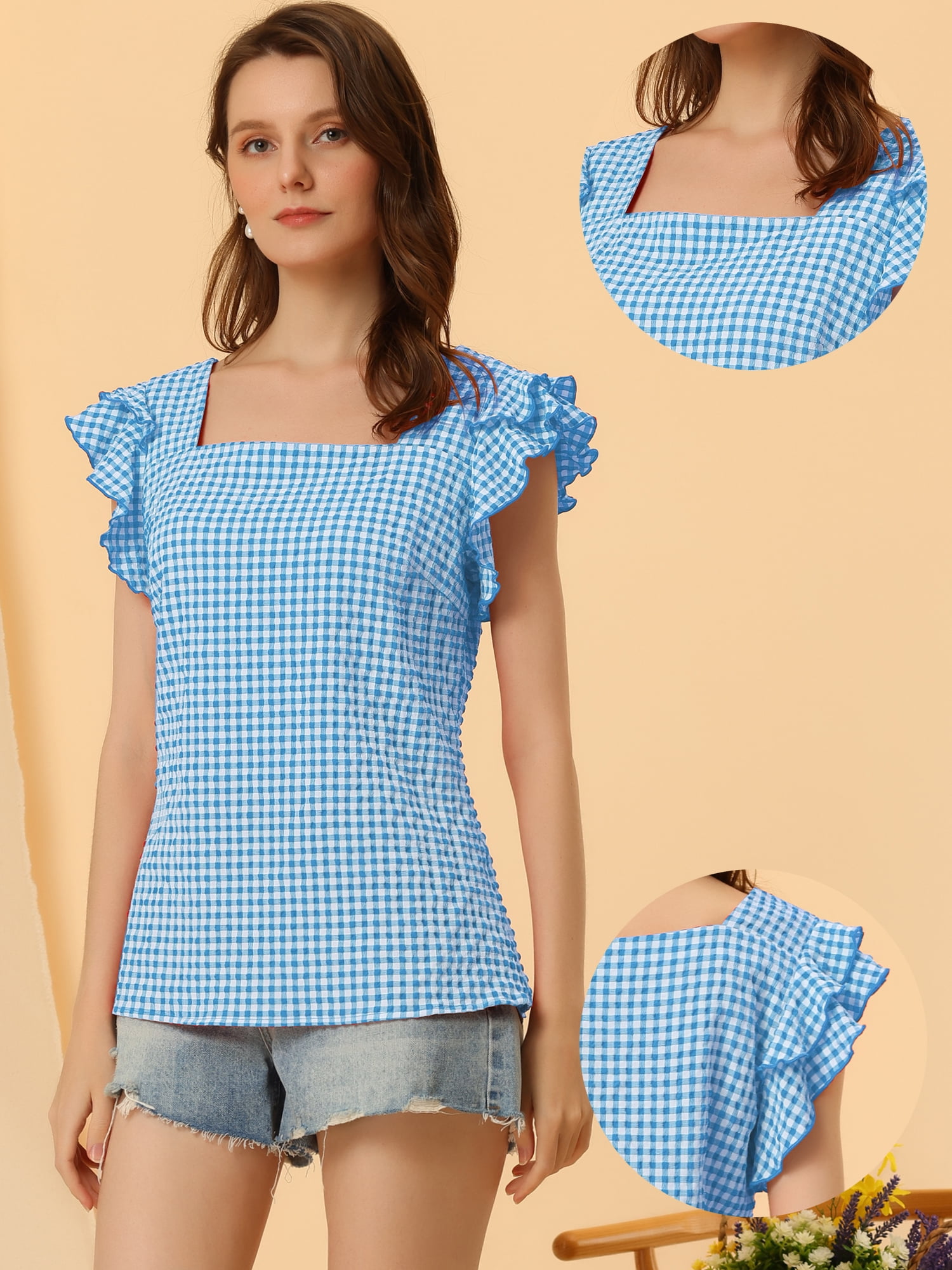 DARING DIVA Square Neck Ruffle Sleeve Blouse M Blue