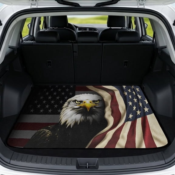 Yuyamidu American Flag Eagle Universal Cargo Liner 29 x 39 Inches, Stain Resistant Non-Slip Trunk Mat for Cars SUVs Trucks, Machine Washable Vehicle Interior Decoration, 4th of July