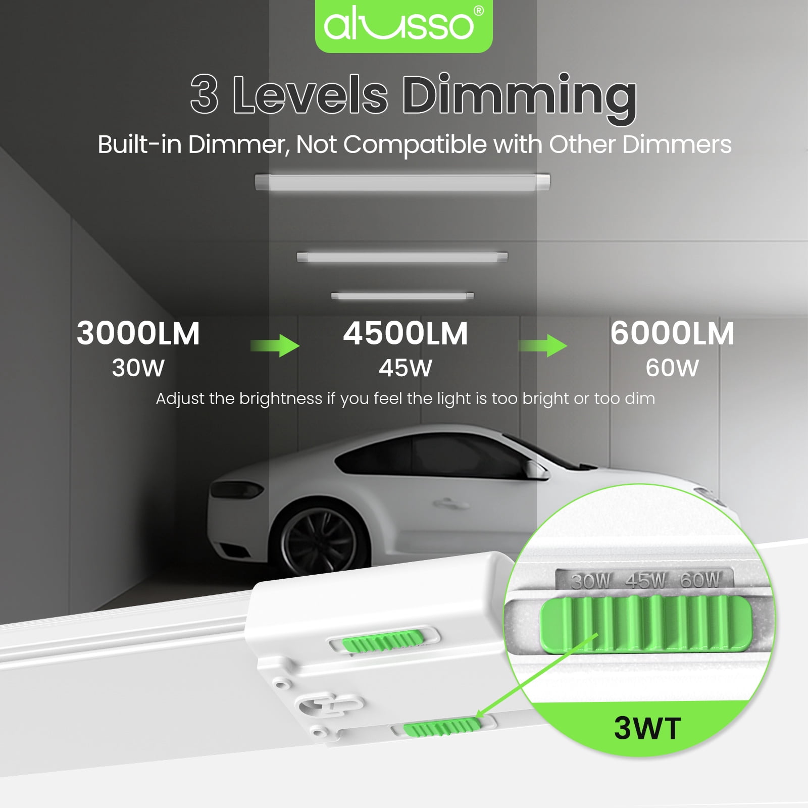 ALUSSO 4FT LED Shop Lights for Garage, 6000LM Super Bright Shop Lights with Pull Chain, 60W/45W/30W, 2700K/3000K/4000K/5000K/6500K Adjustable Led Shop Lights Linkable for Workshop, 2 Pack
