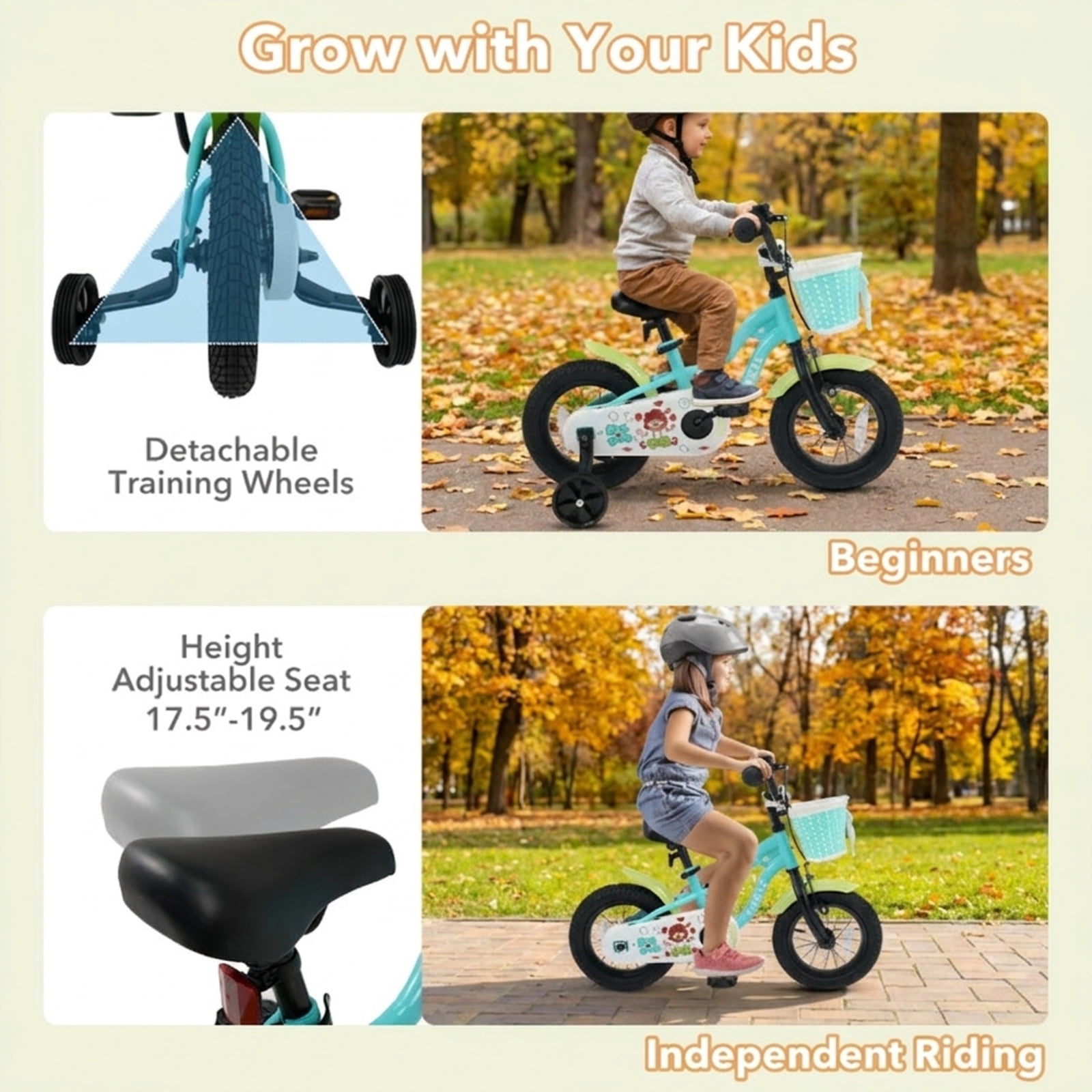 Redsmile Kids Bike 12 Inch with Training Wheels and Basket for Boys Girls Ages 3-4, Toddler Bicycle with Adjustable Seat, Coaster Brake, Beginner Trainer Bike, Green