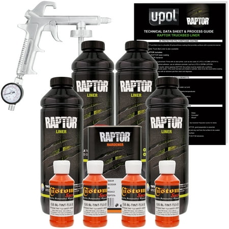 U-POL Raptor Safety Orange Urethane Spray-On Truck Bed Liner Kit w/ FREE Custom Coat Spray Gun with Regulator, 4