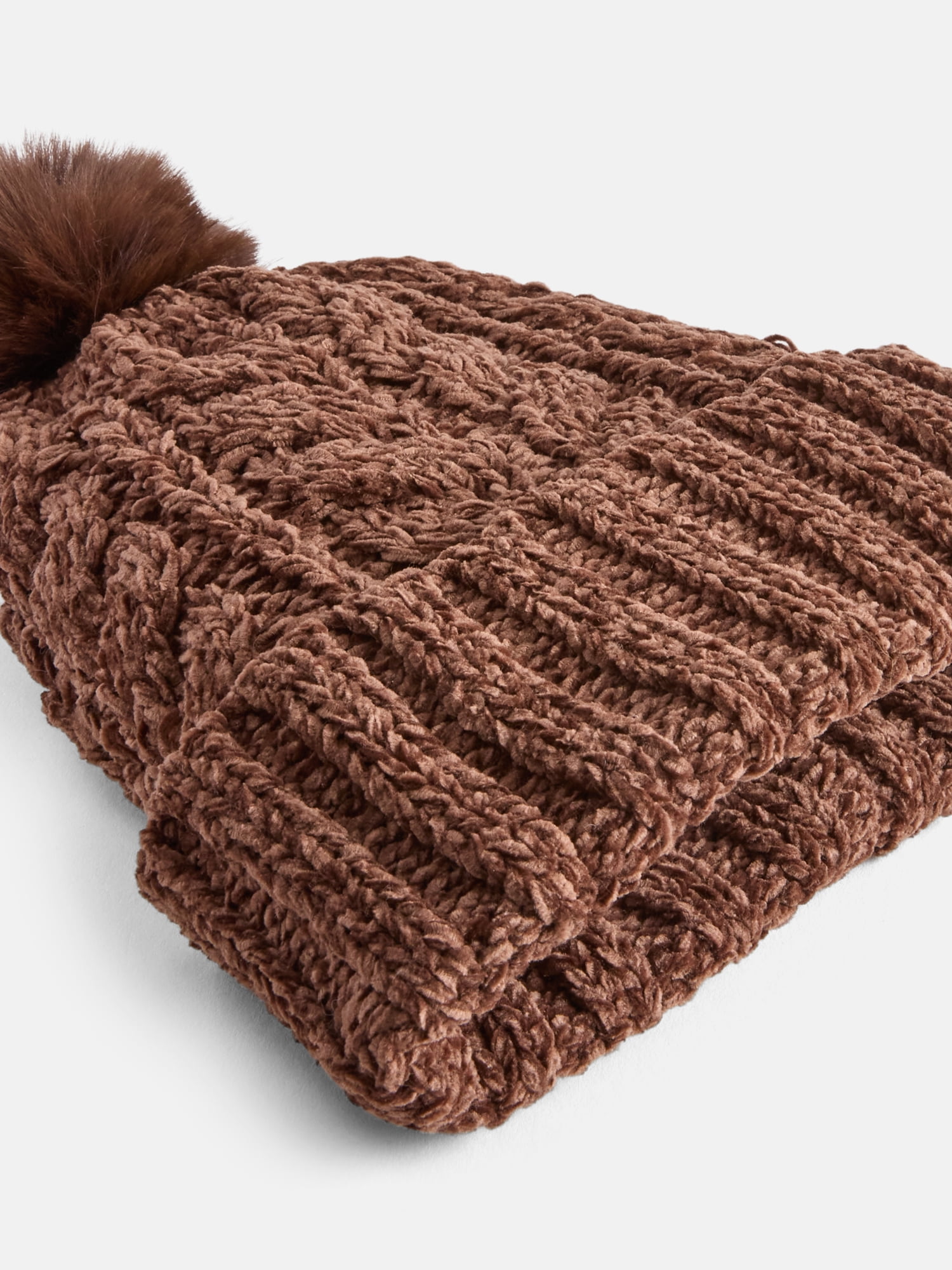 MNYC Women's 2 PC Cable Knit Chenille Beanie w/ Matching Gloves, Brown